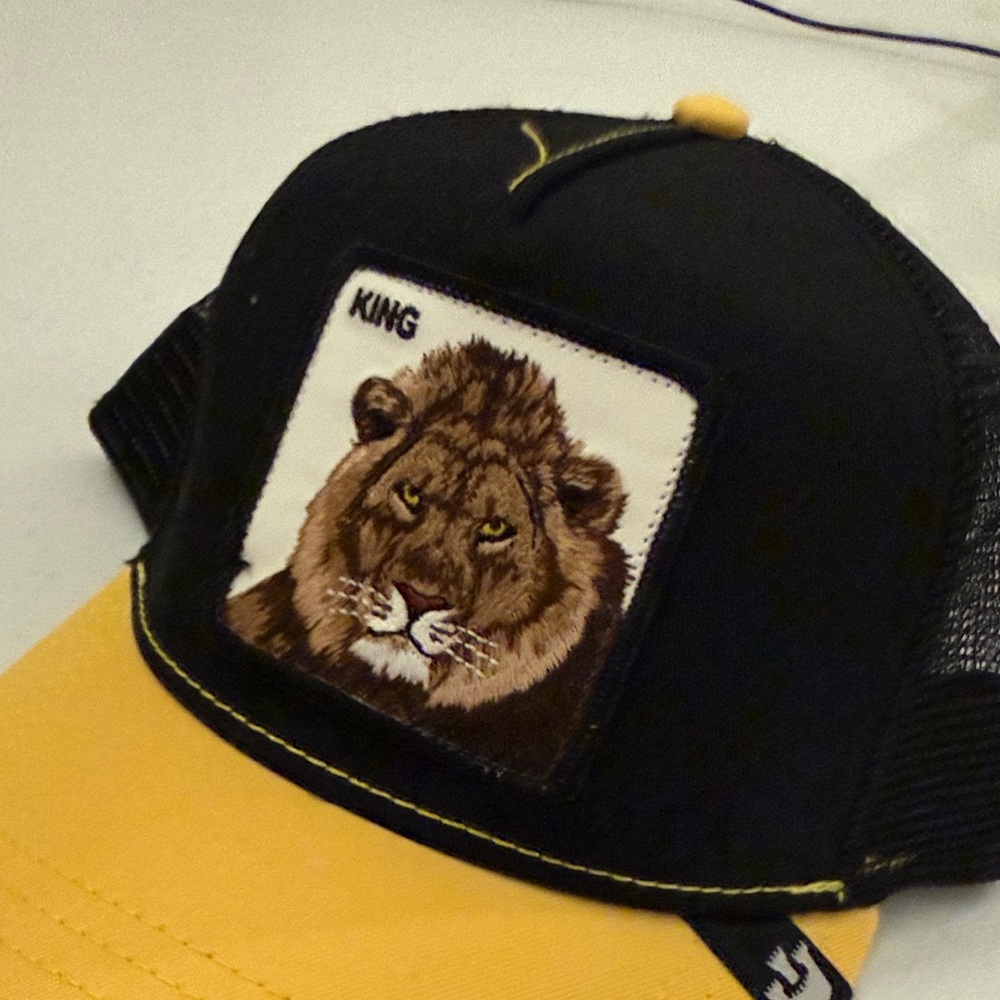 Goorin Bros Black and Yellow 'King' Lion Patch Trucker Hat